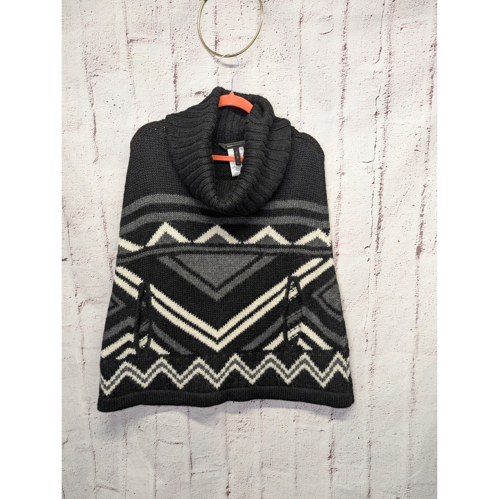 BCBG Max Azria Vintage Acrylic Alpaca Wool Poncho Knit OS Cape Black Gray Geomet